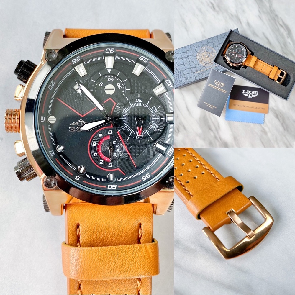 LIGE Watch for Men Gold Metal Brown